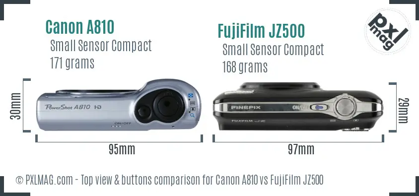 Canon A810 vs FujiFilm JZ500 top view buttons comparison Canon A810 vs FujiFilm JZ500 top view buttons comparison