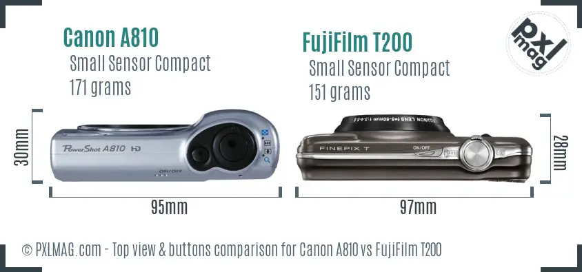 Canon A810 vs FujiFilm T200 top view buttons comparison