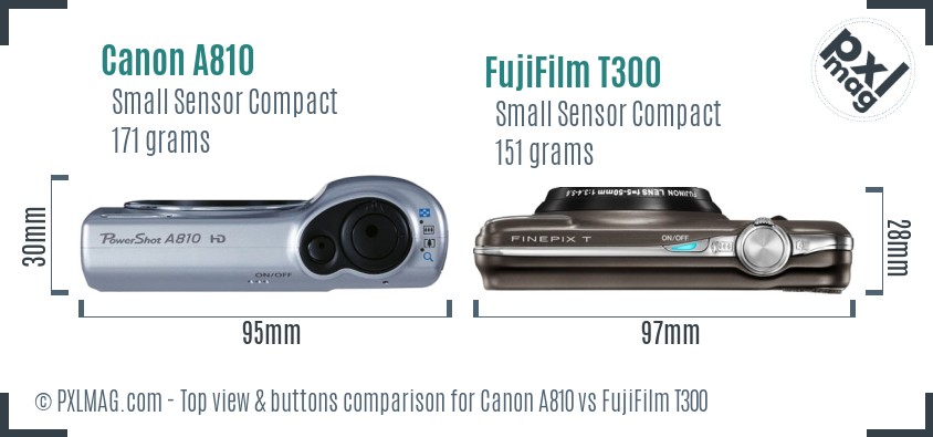Canon A810 vs FujiFilm T300 top view buttons comparison