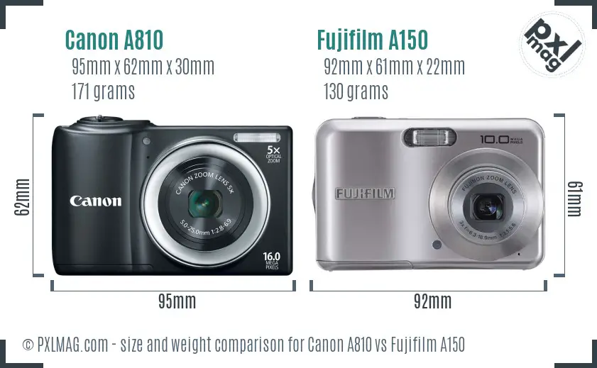 Canon PowerShot A810 and Fujifilm A150 size comparison