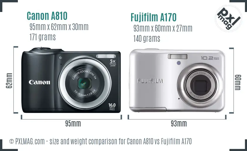 Canon A810 vs Fujifilm A170 size comparison