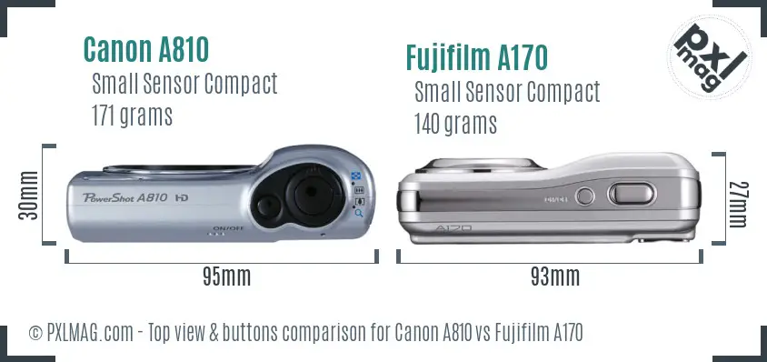 Canon A810 vs Fujifilm A170 top view buttons comparison