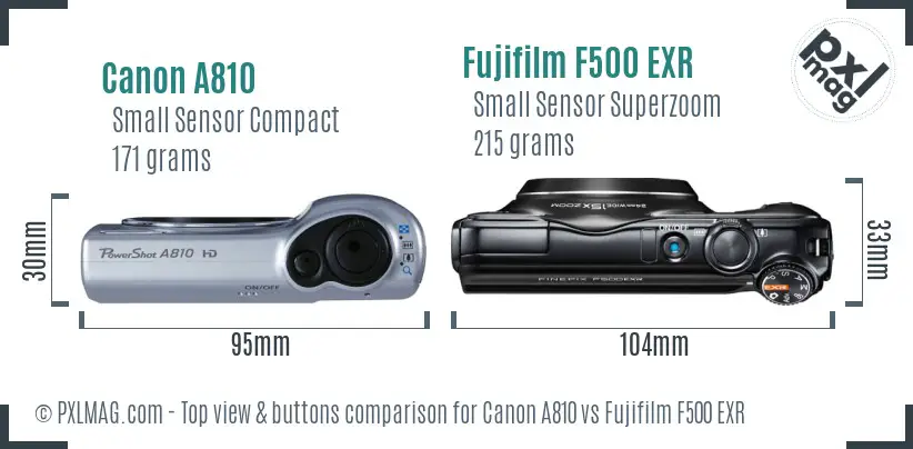 Canon A810 vs Fujifilm F500 EXR top view buttons comparison