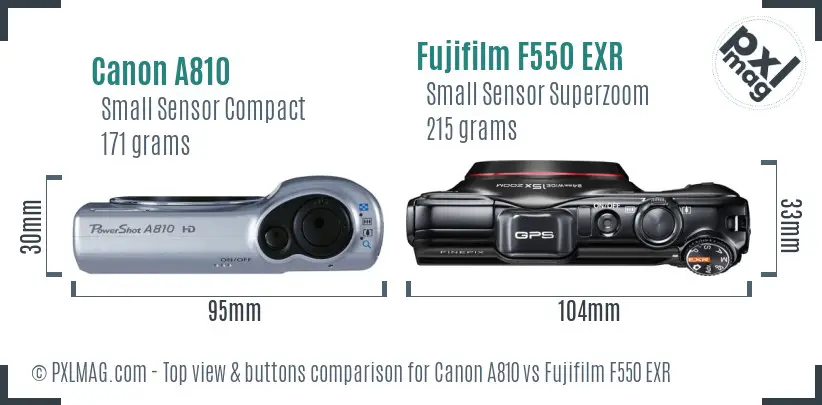 Canon A810 vs Fujifilm F550 EXR top view buttons comparison