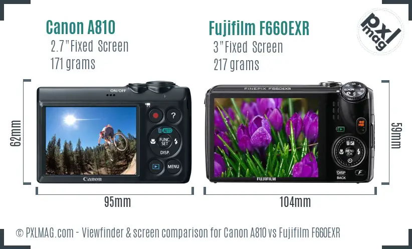 Canon A810 vs Fujifilm F660EXR Screen and Viewfinder comparison