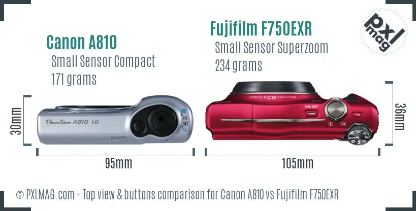 Canon A810 vs Fujifilm F750EXR top view buttons comparison Canon A810 vs Fujifilm F750EXR top view buttons comparison