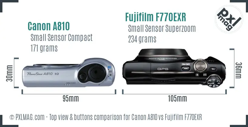 Canon A810 vs Fujifilm F770EXR top view buttons comparison Canon A810 vs Fujifilm F770EXR top view buttons comparison