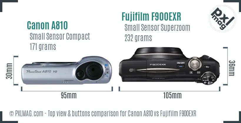 Canon A810 vs Fujifilm F900EXR top view buttons comparison Canon A810 vs Fujifilm F900EXR top view buttons comparison