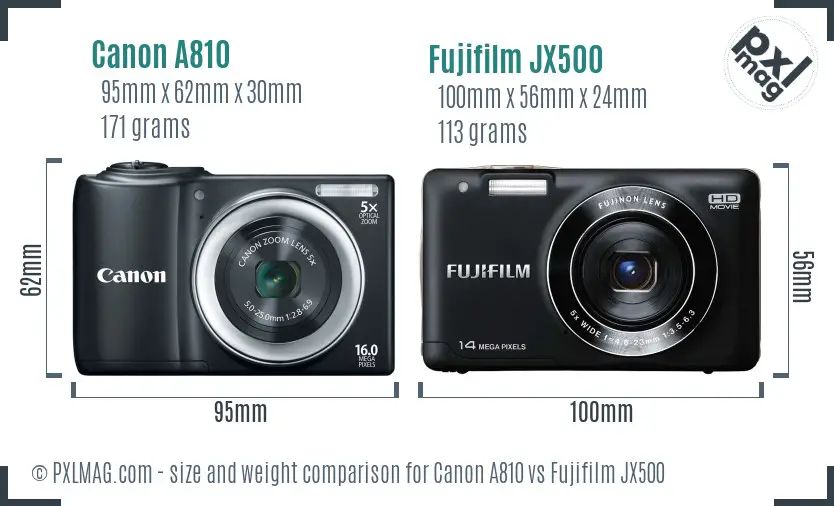 Canon A810 vs Fujifilm JX500 size comparison