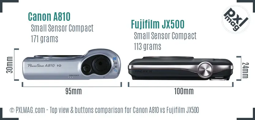 Canon A810 vs Fujifilm JX500 top view buttons comparison