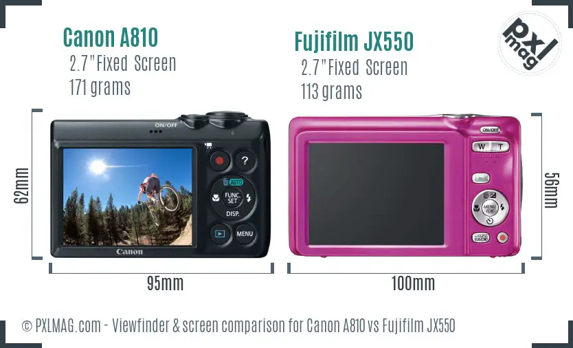 Canon A810 vs Fujifilm JX550 Screen and Viewfinder comparison