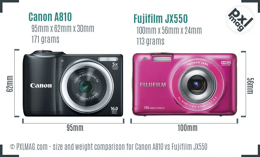 Canon A810 vs Fujifilm JX550 size comparison