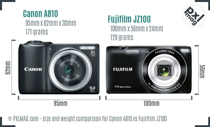 Canon A810 vs Fujifilm JZ100 size comparison