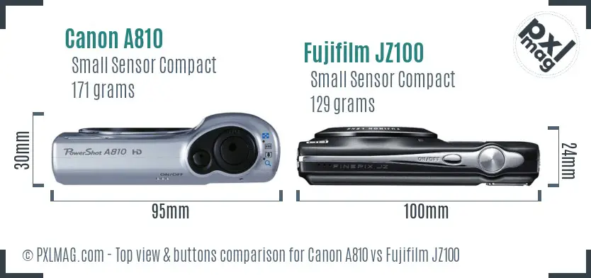 Canon A810 vs Fujifilm JZ100 top view buttons comparison