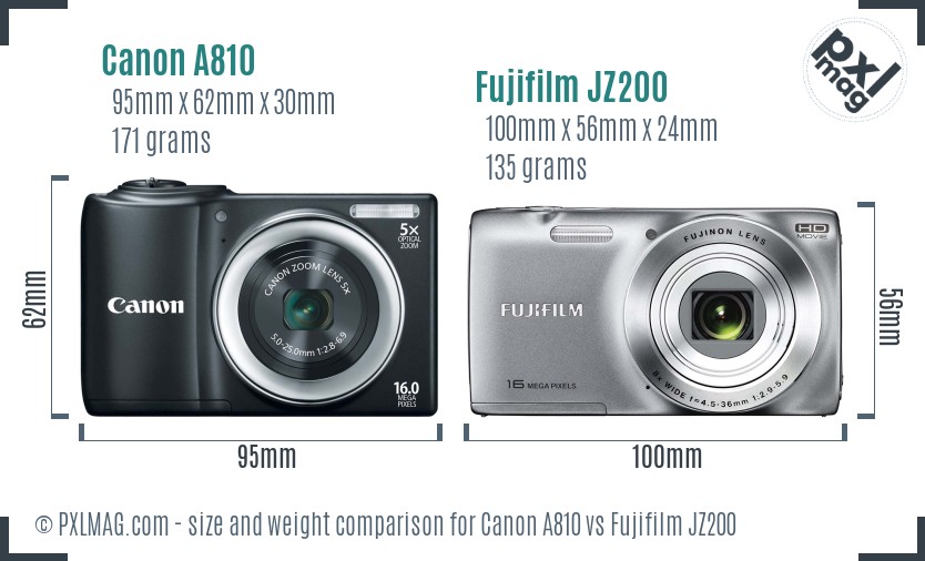 Canon A810 vs Fujifilm JZ200 size comparison