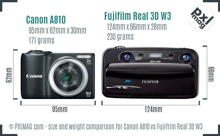 Canon A810 vs Fujifilm Real 3D W3 size comparison