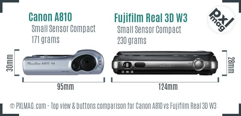 Canon A810 vs Fujifilm Real 3D W3 top view buttons comparison