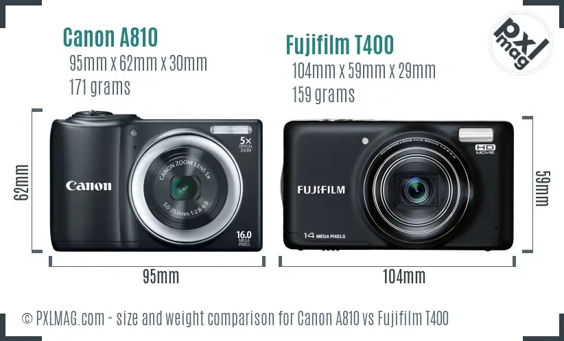 Canon A810 vs Fujifilm T400 size comparison