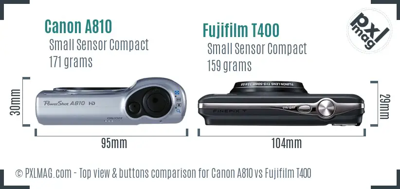 Canon A810 vs Fujifilm T400 top view buttons comparison