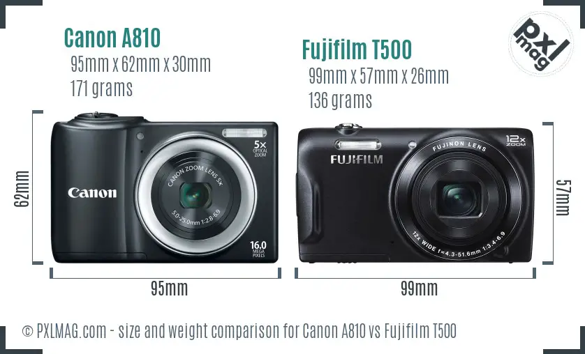 Canon A810 vs Fujifilm T500 size comparison Canon A810 vs Fujifilm T500 size comparison