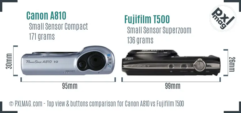 Canon A810 vs Fujifilm T500 top view buttons comparison Canon A810 vs Fujifilm T500 top view buttons comparison