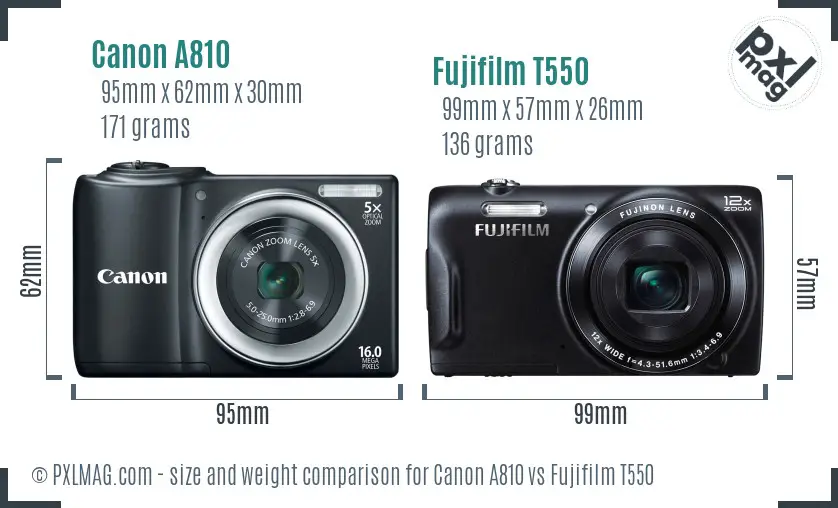 Canon A810 vs Fujifilm T550 size comparison