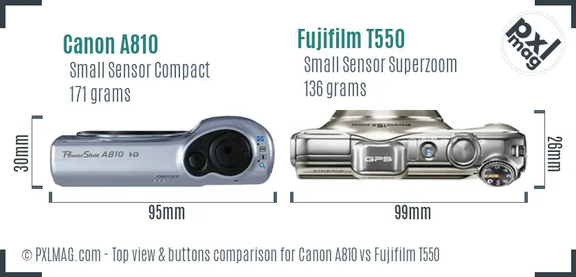 Canon A810 vs Fujifilm T550 top view buttons comparison