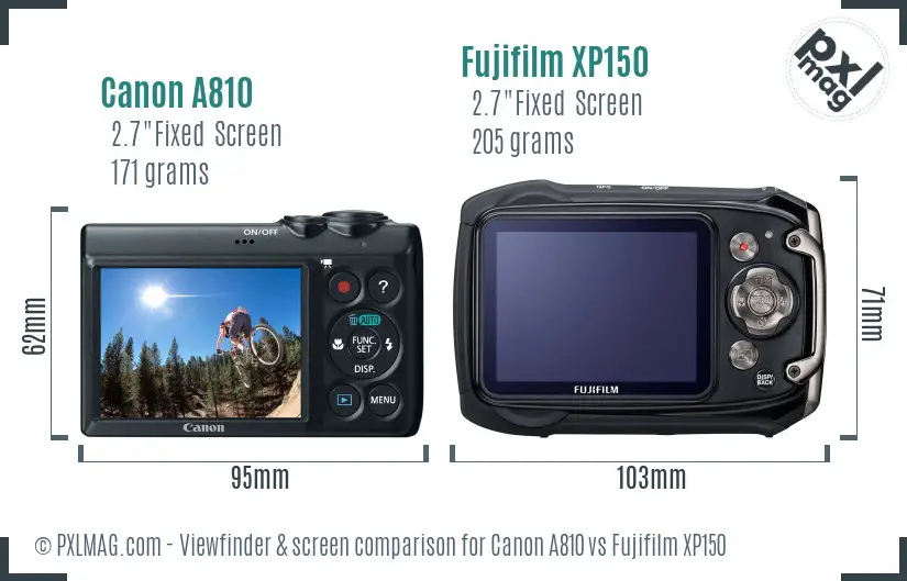 Canon A810 vs Fujifilm XP150 Screen and Viewfinder comparison