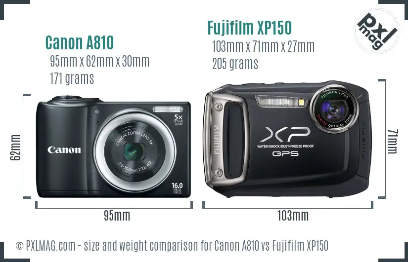 Canon A810 vs Fujifilm XP150 size comparison