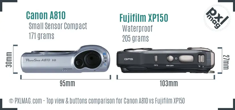 Canon A810 vs Fujifilm XP150 top view buttons comparison