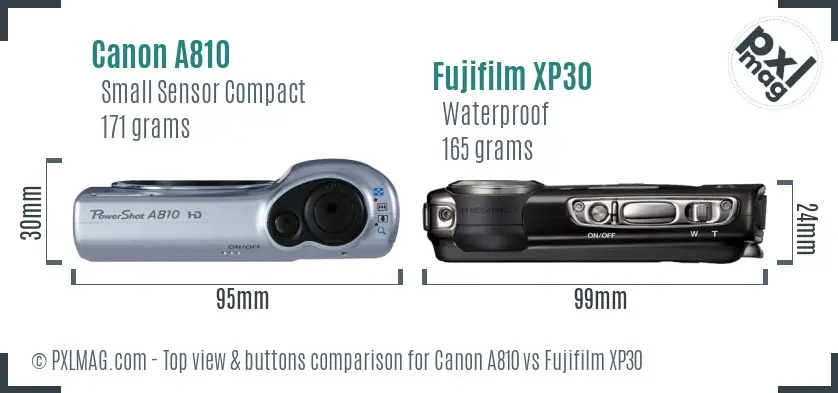 Canon A810 vs Fujifilm XP30 top view buttons comparison Canon A810 vs Fujifilm XP30 top view buttons comparison
