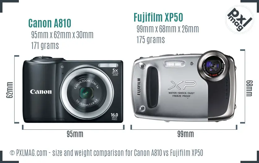 Canon A810 vs Fujifilm XP50 size comparison