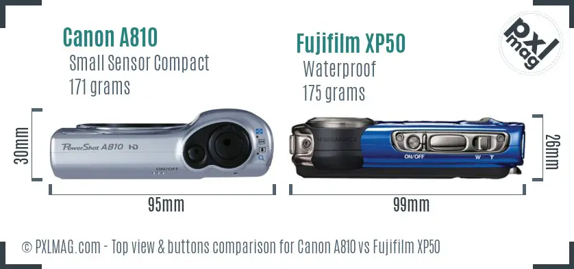 Canon A810 vs Fujifilm XP50 top view buttons comparison