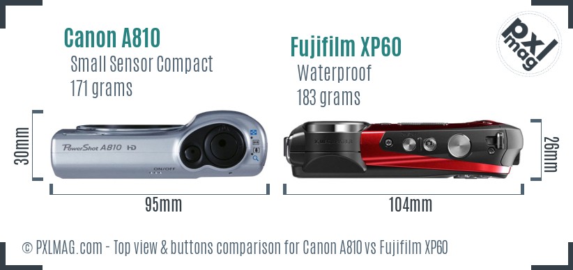 Canon A810 vs Fujifilm XP60 top view buttons comparison