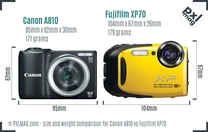 Canon A810 vs Fujifilm XP70 size comparison