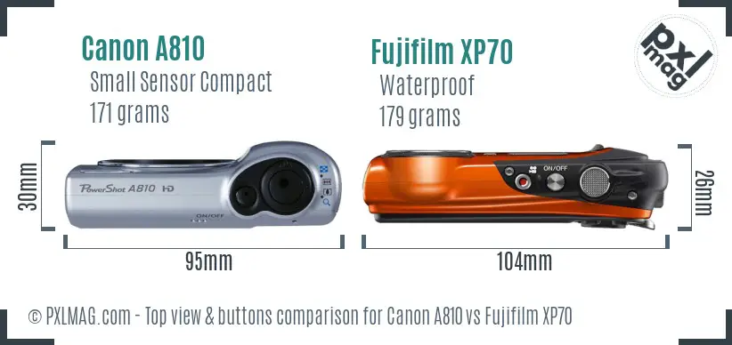 Canon A810 vs Fujifilm XP70 top view buttons comparison