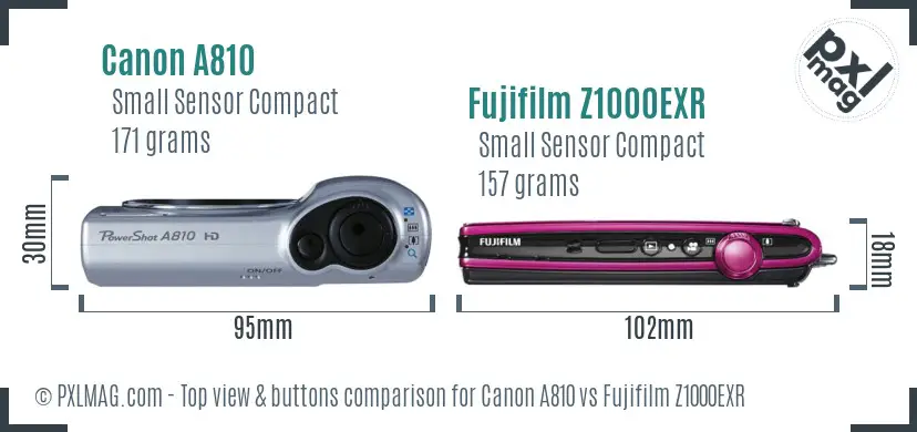 Canon A810 vs Fujifilm Z1000EXR top view buttons comparison