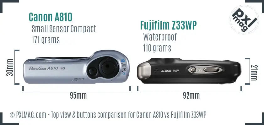 Canon A810 vs Fujifilm Z33WP top view buttons comparison