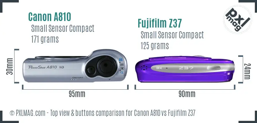 Canon A810 vs Fujifilm Z37 top view buttons comparison