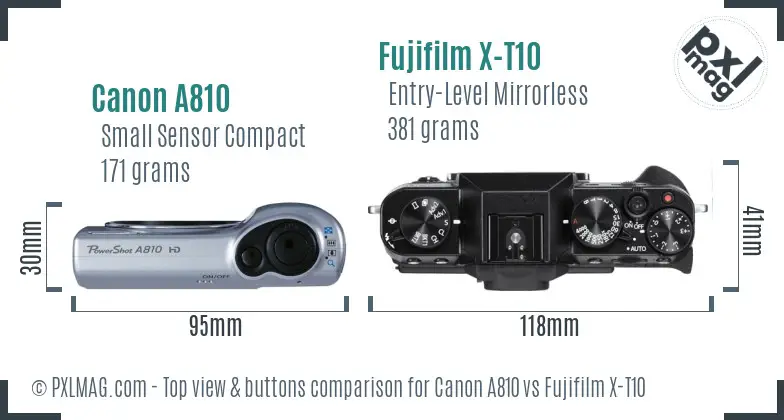 Canon A810 vs Fujifilm X-T10 top view buttons comparison