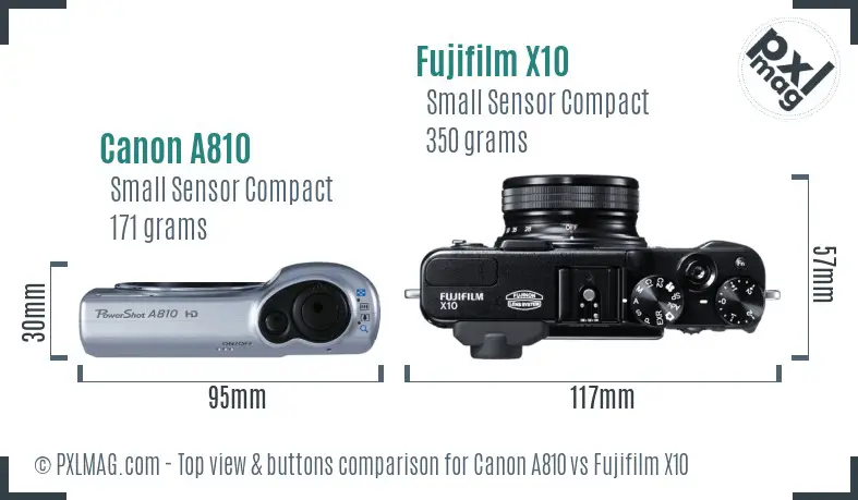 Canon A810 vs Fujifilm X10 top view buttons comparison