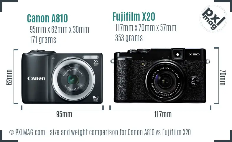 Canon A810 vs Fujifilm X20 size comparison
