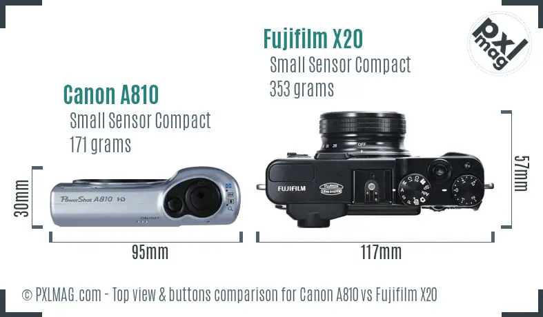 Canon A810 vs Fujifilm X20 top view buttons comparison