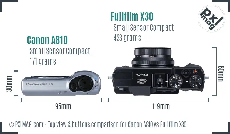 Canon A810 vs Fujifilm X30 top view buttons comparison