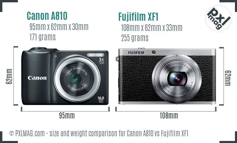 Canon A810 vs Fujifilm XF1 size comparison
