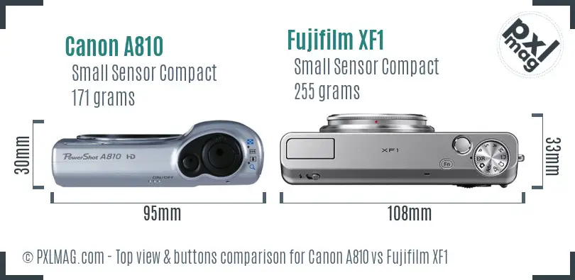 Canon A810 vs Fujifilm XF1 top view buttons comparison