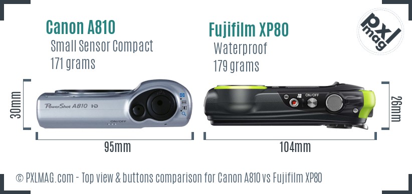 Canon A810 vs Fujifilm XP80 top view buttons comparison