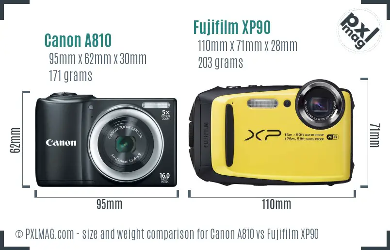 Canon A810 vs Fujifilm XP90 size comparison