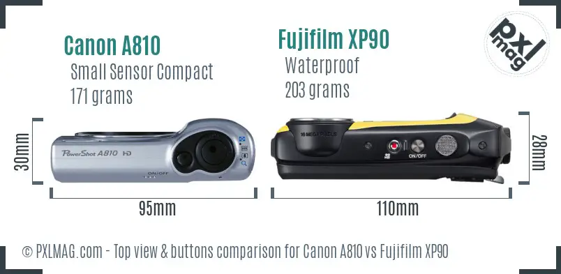 Canon A810 vs Fujifilm XP90 top view buttons comparison