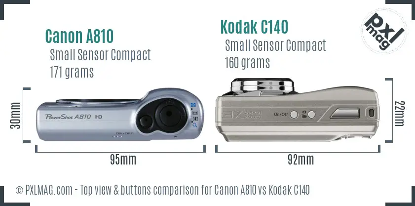 Canon A810 vs Kodak C140 top view buttons comparison